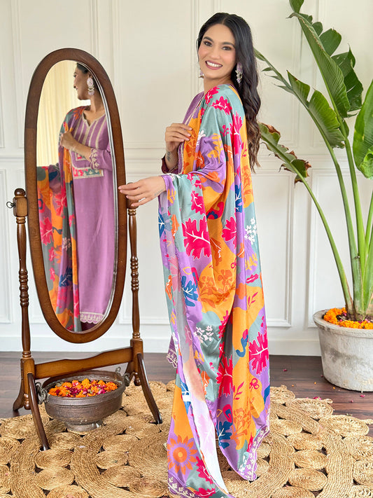 Beautiful Lavender Color Viscose Slub Kurtis Pant Set
