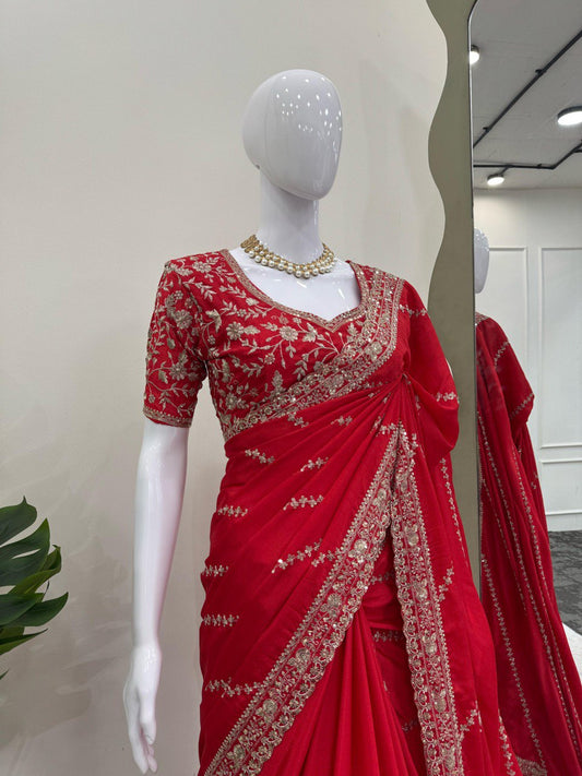 Blue Beautiful Designer Saree on Chinon Silk  Fabric with Thread & Sequence Work