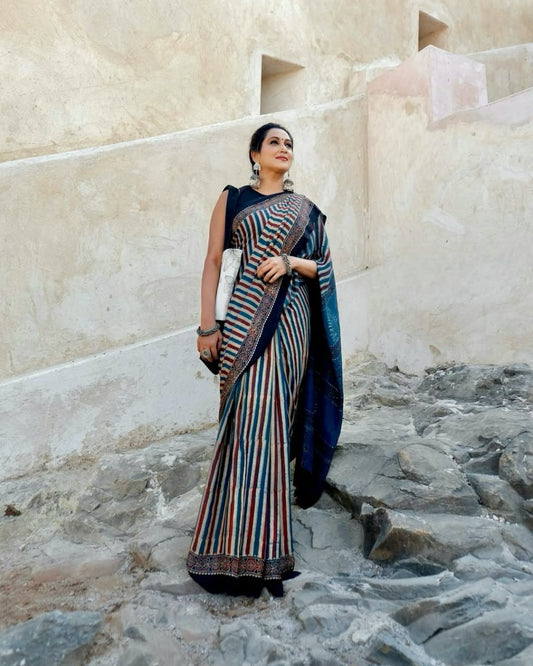 Ajrakh Primum Modal Silk Saree With Blouse