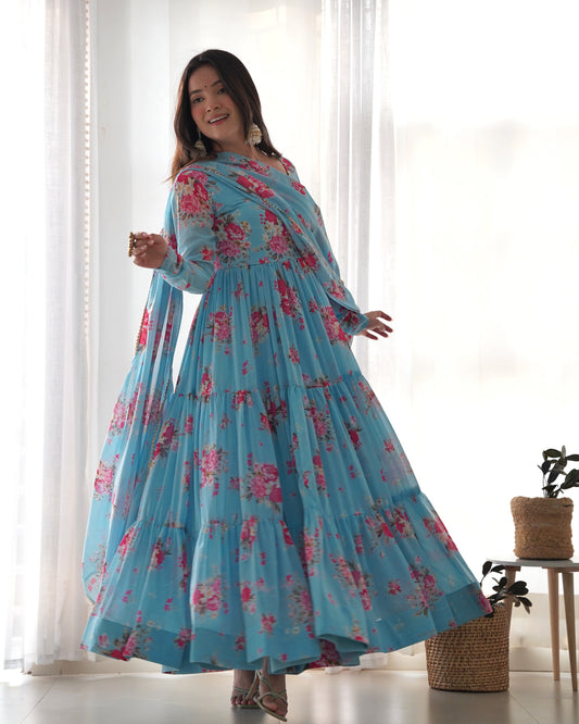 Sky Blue Heavy Pure Fox Georgette Multi Floral Print Suit