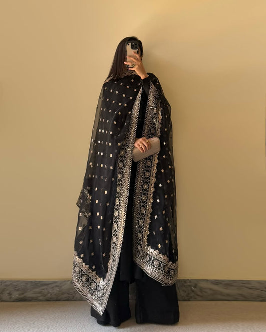 Black Bottle Green Pure Fox Georgette Fabric Kurta With Duppta Plazzo Set