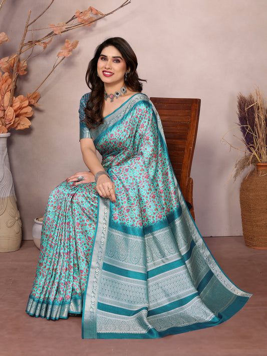 Designer Beautiful Blue Color Khadi Vichitra Pashmina Digital Print With Jacquard Rich Pallu Border Weaving Work