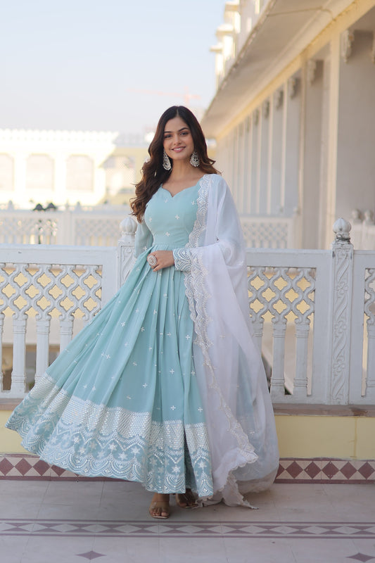 Women Faux Georgette Embroidery Work Gown With Dupatta