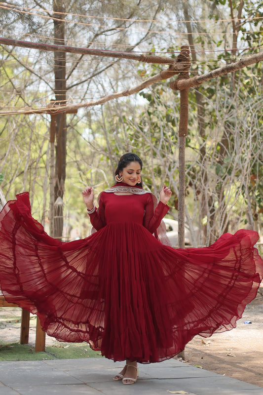 Maroon Women Embroidered Anarkali Kurta Set