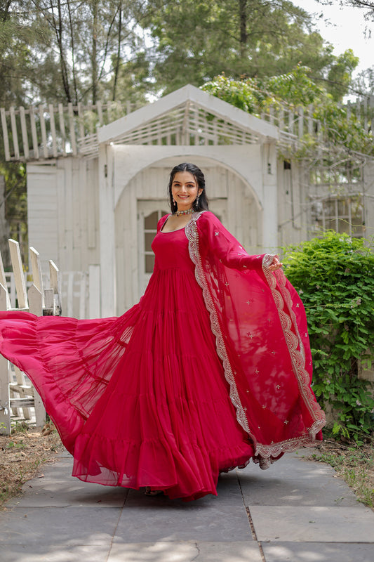 Party Wear Rani Color Plain Long Gown With Dupatta