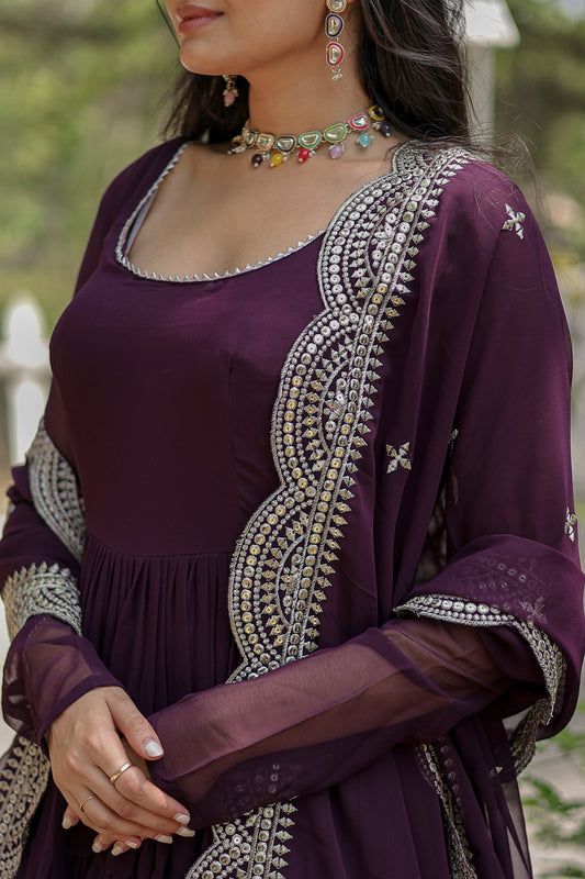Party Wear Wine Color Plain Long Gown With Dupatt
