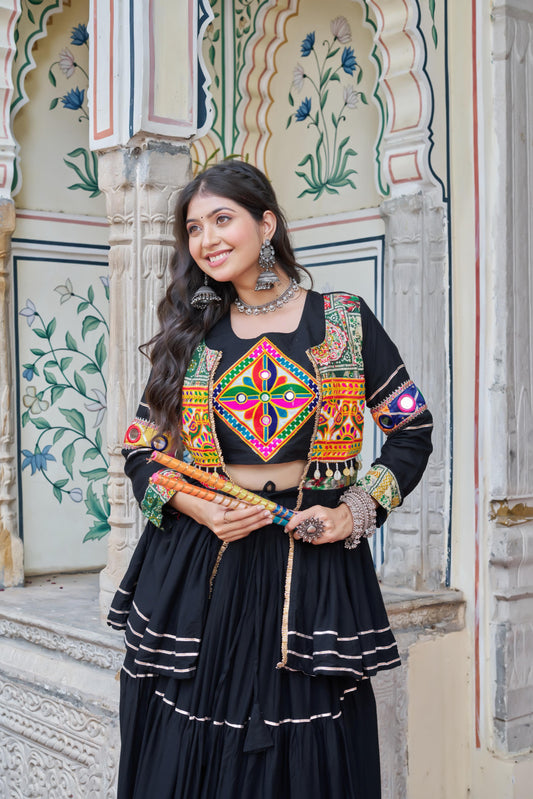 Black Gamthi Mirror Work Navratri Lehenga Set Cotton Perfect for Garba Nights